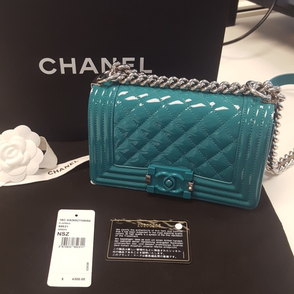 Authentic Teal Patent Chanel Le Boy Bag